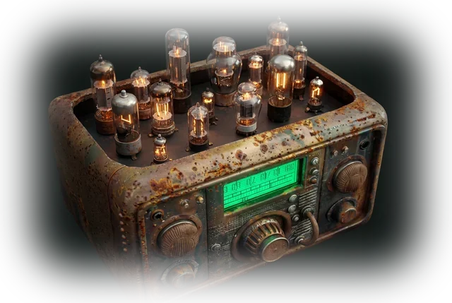 An aged Pentode radio set: a rusted metal case with its top open, glass valves of different shapes and sizes rising from inside, and the tuning dial glowing luminous green.