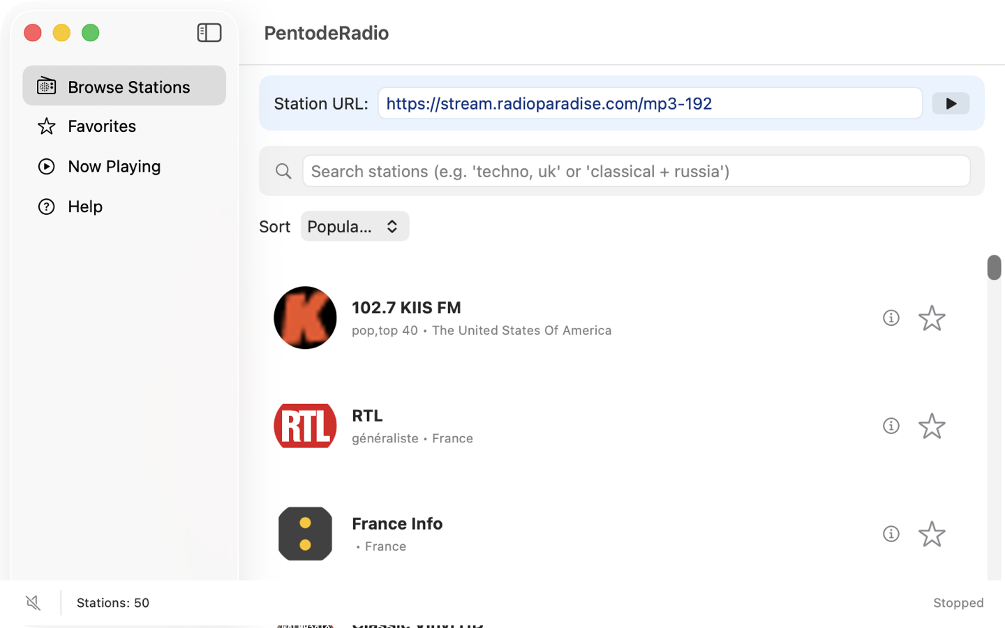 Browsing and searching stations in Pentode Radio