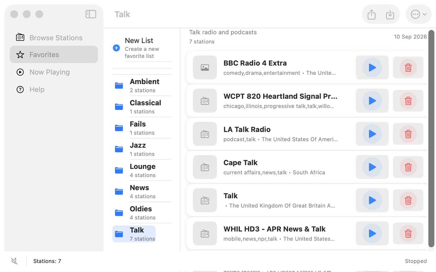 Favourites lists in Pentode Radio